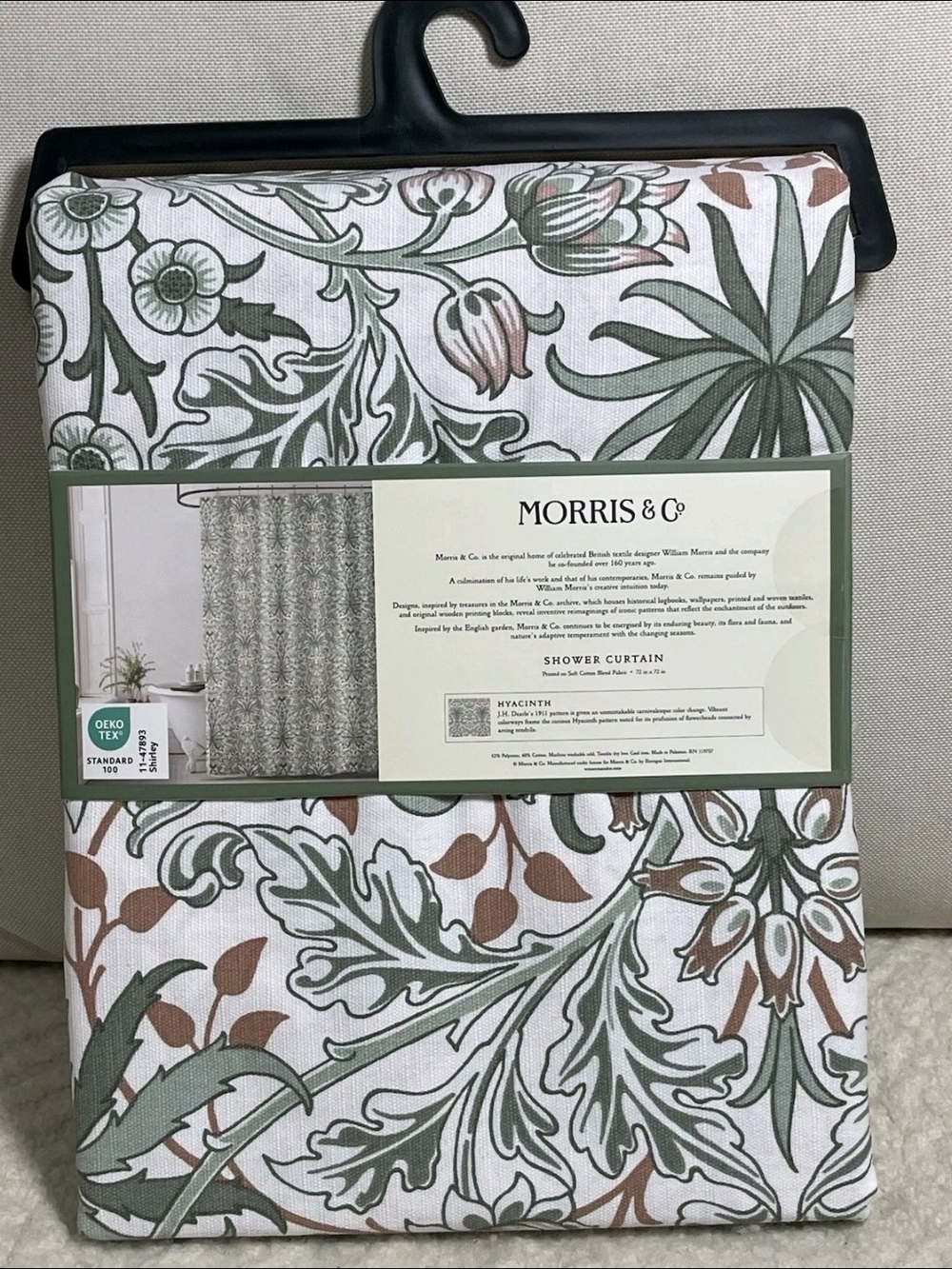 Morris & Co Hyacinth Green Floral Cotton Blend Fabric Shower Curtain 72 X 72 New